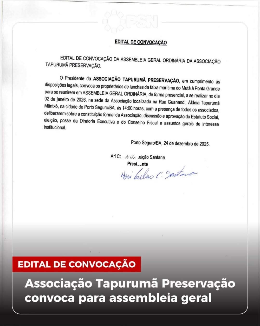 Associação Tapurumã Preservação convoca para assembleia geral
